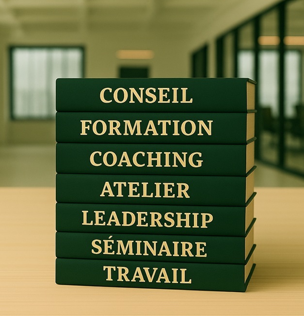 Livres empilés avec les mots conseil, formation, coaching, atelier, leadership, séminaire et travail - illustration pour coaching professionnelle